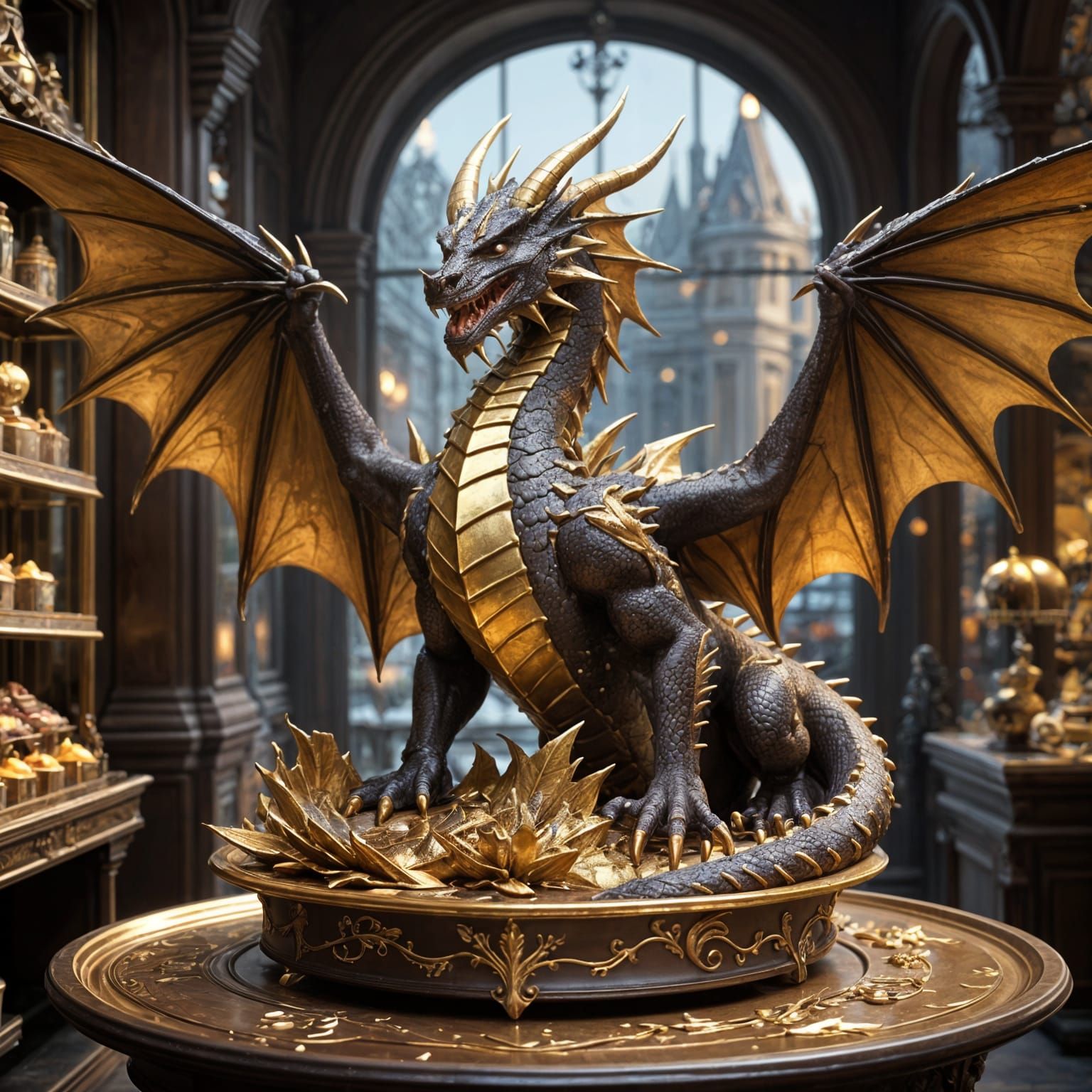 A large dragon made out of chocolate and edible gold leaf.  by @Avi