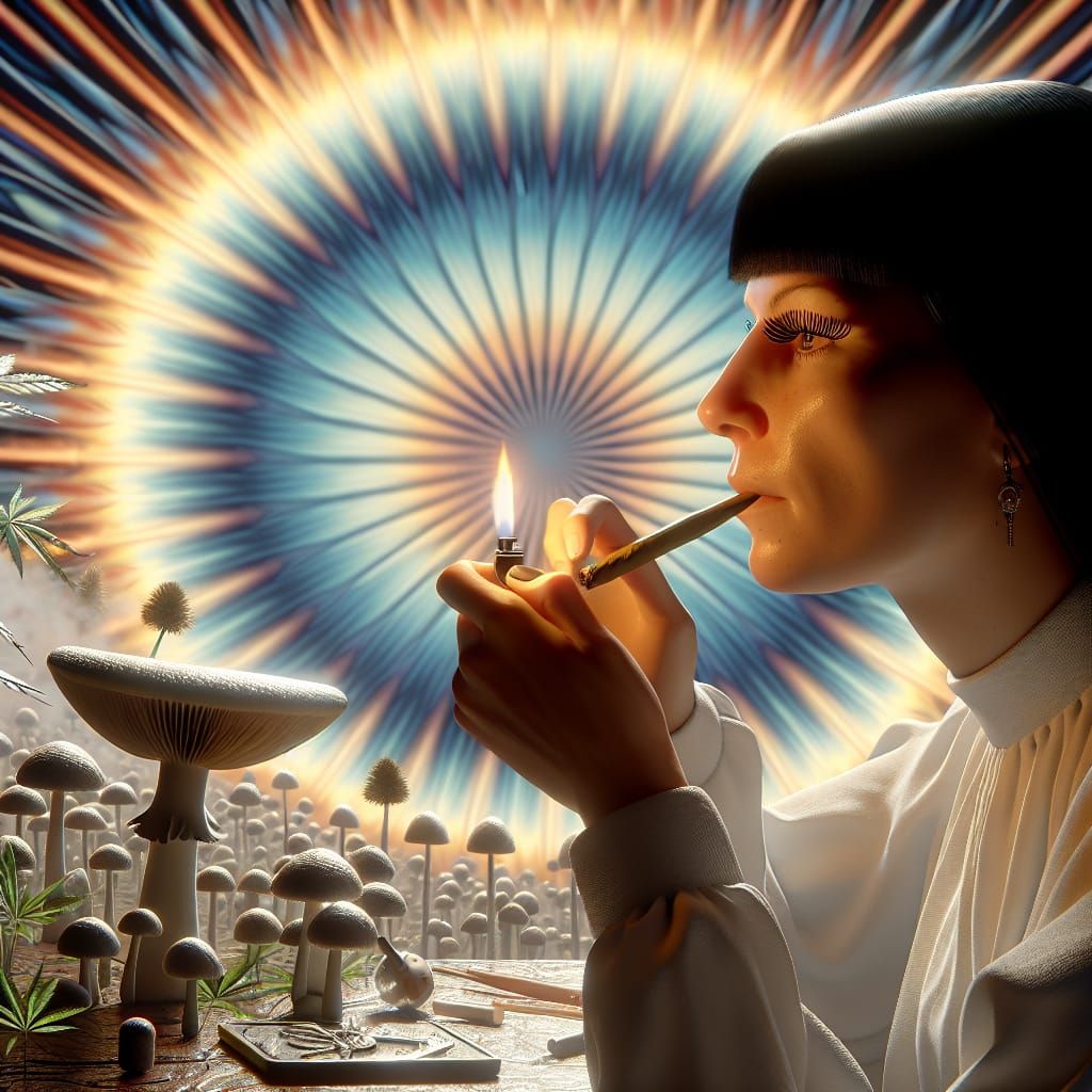Realistic woman with black hair, and long eyelashes. Smoking...