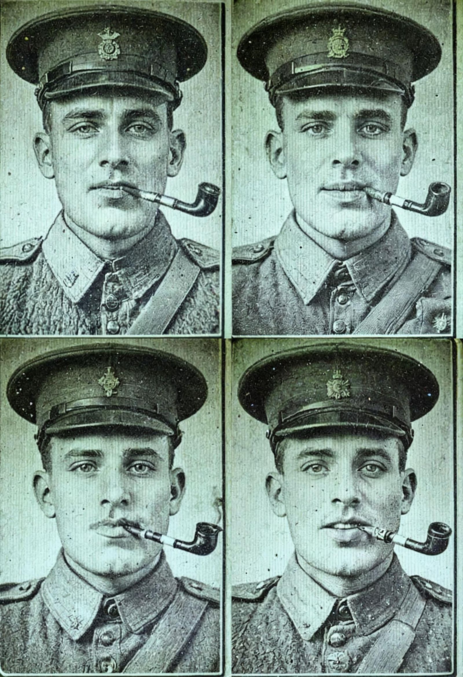 World War One british soldier portrait, smoking a pipe betwe...