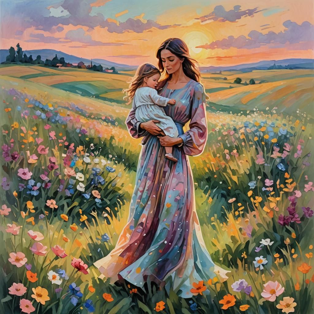 Woman and Baby in Flower Field: Gouache Impressionism