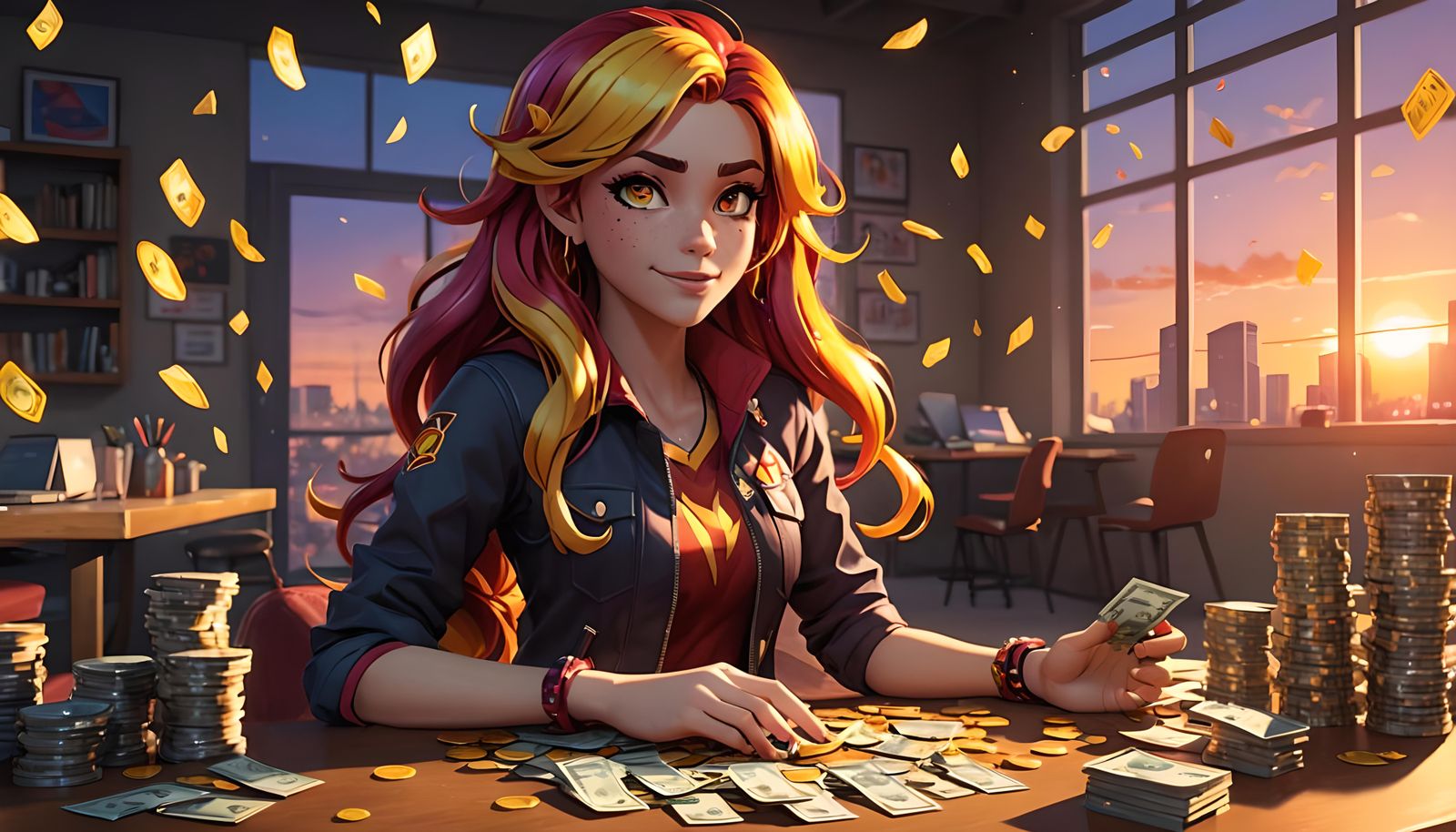 Sunset Shimmer from Equestria Girls in Phoenix Arizona enjoying her money.  By artist 