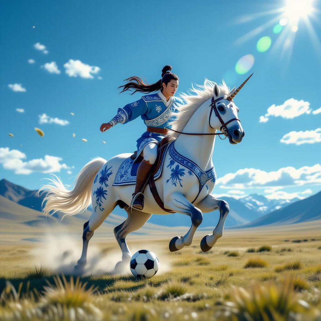 Porcelain Centaur Plays Soccer on Mongolian Steppe