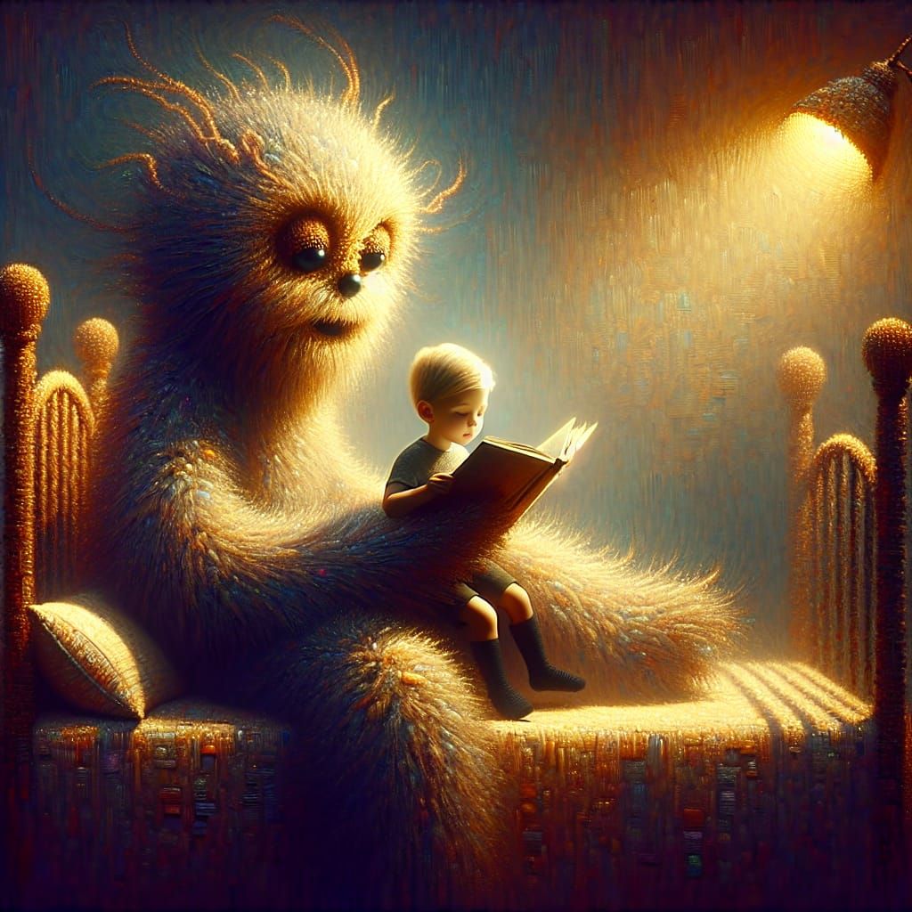 Fuzzy monster reading to a human child  by @AiArtist47