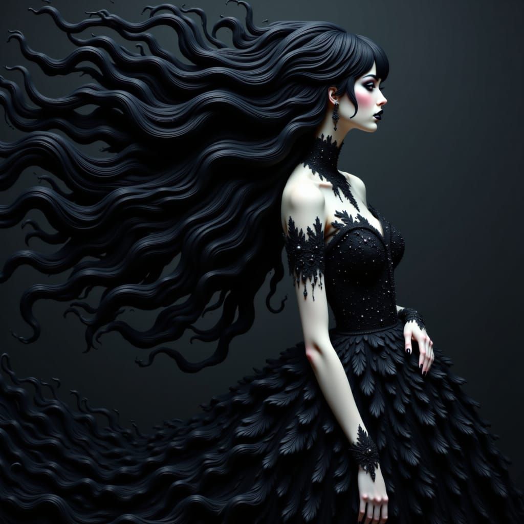 <lora:Big Hair Test Run:1.0> big hair,  cartoon style,  A dark fantasy portrait of an elegant woman with flowing black hair.  The ends of he...