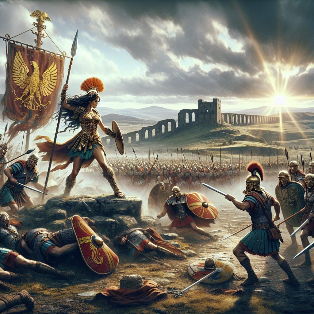 Boudica fighting the roman legion Legio II Augusta. Golden Roman eagle