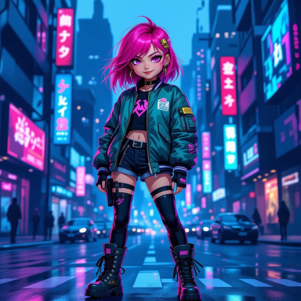 Cool Girl in Neon Cyberpunk City