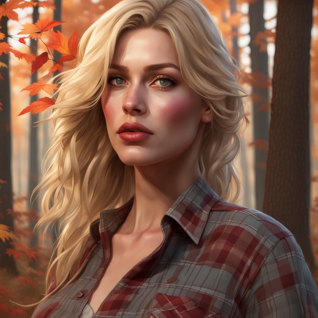 Beautiful curvy blonde woman with greenish brown eyes, large chest, ruby  red lips, walking the woods in fall wearing a flannel shirt - AI Generated  Artwork - NightCafe Creator