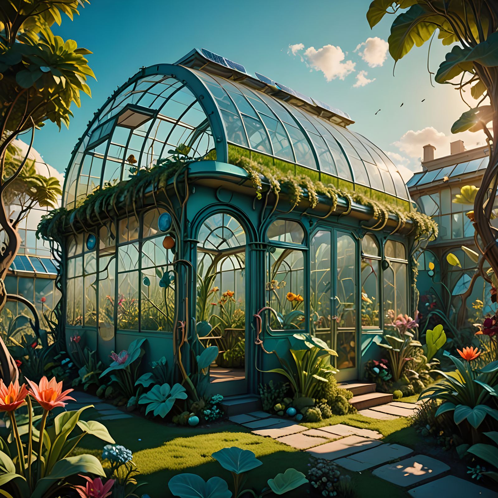 Solarpunk Greenhouse With Solar Panels Surrounded by Lush Vegetation  by @WS