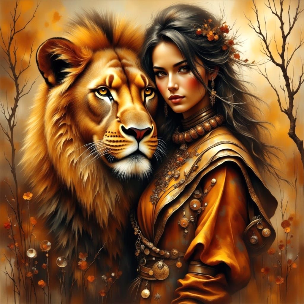 burnt sienna, gold, grey black, <lora:Abstract Romanticism:1.0>
Majestic Caucasian huntress draped in intricately detail...