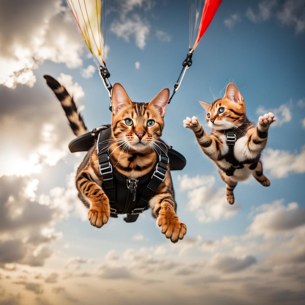 Bengal cat sky diving with kitten