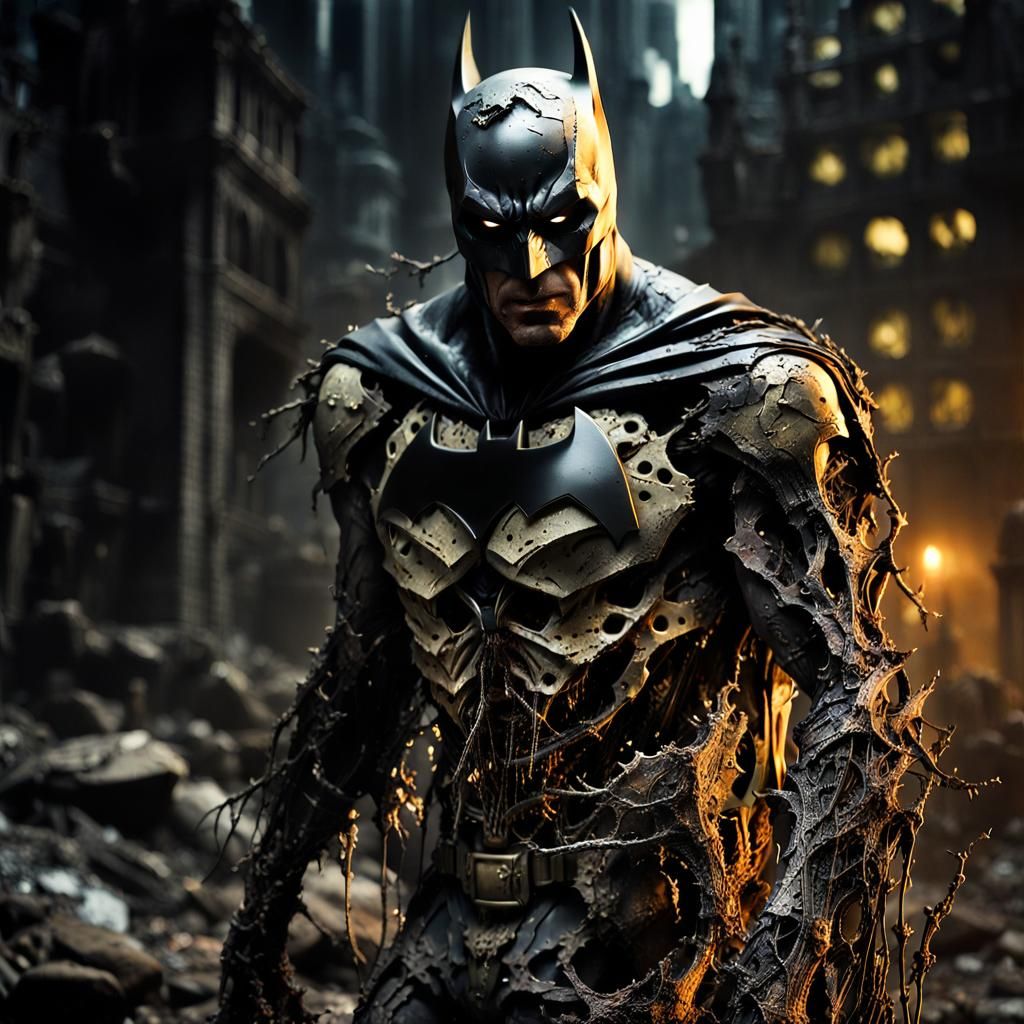 Dark, gothic Batman, without a mask, exposing his highly decomposed face missing flesh exposed bones, clad in tattered, ripped, missing clot...