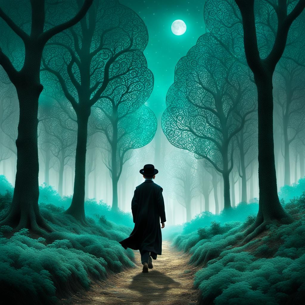 Hasidic Boy in Moonlit Forest: Klimt-Inspired Fantasy Art