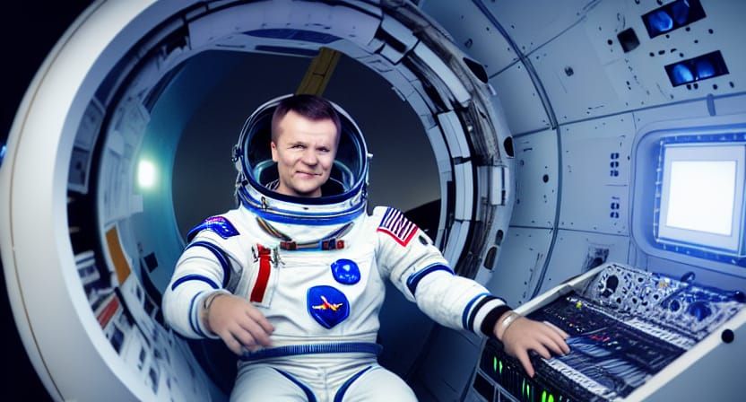 hunk nordic male cosmonaut inside the space capsule watching...