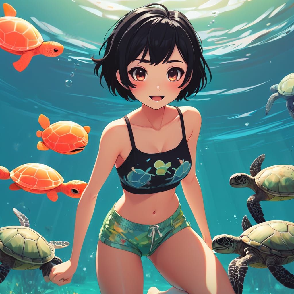 Moon swimming with turtles