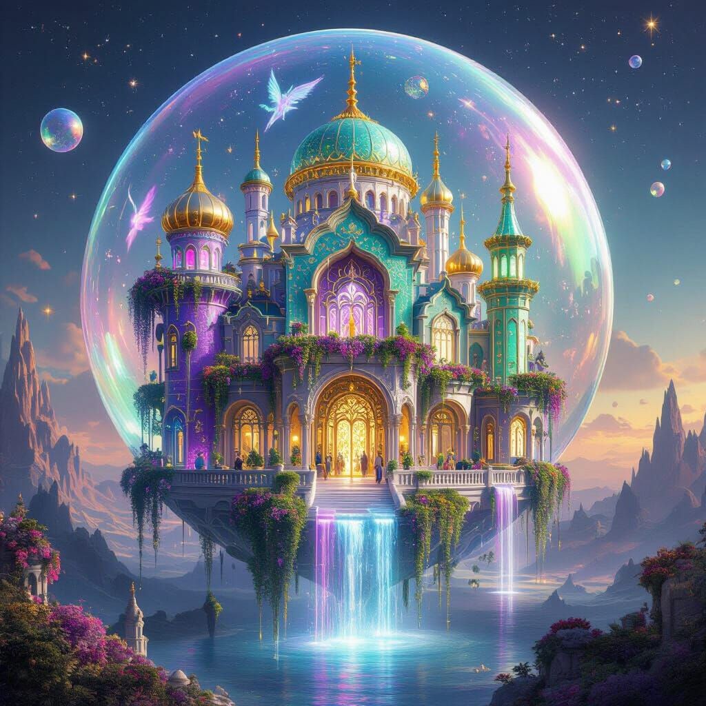 Opalescent Palace Floating in Soap Bubble Above Surreal Land...