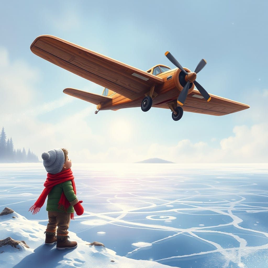 Winter Wonder Boy Gazes Up at a Magical Flying Machine