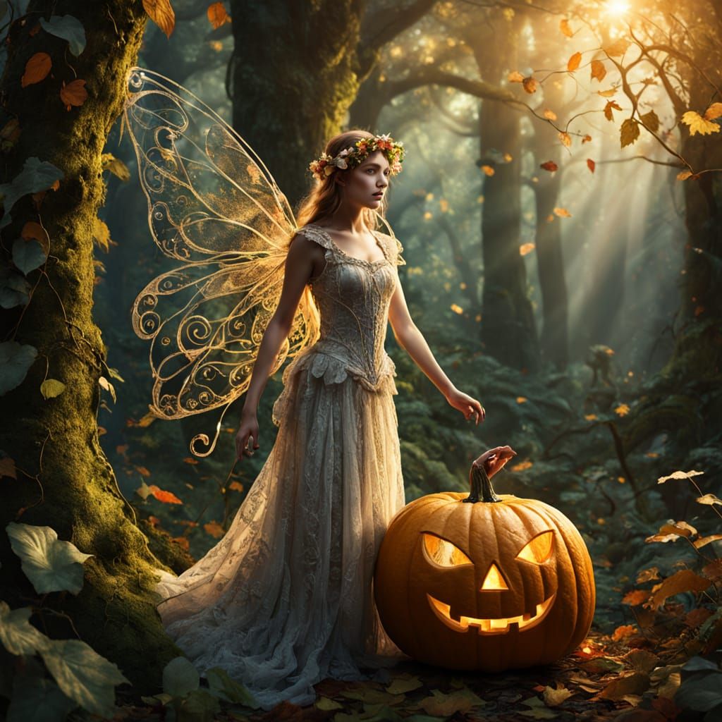 Hyperrealistic, beautiful fairy with a pumpkin for a head, intricate setting, highly detailed 