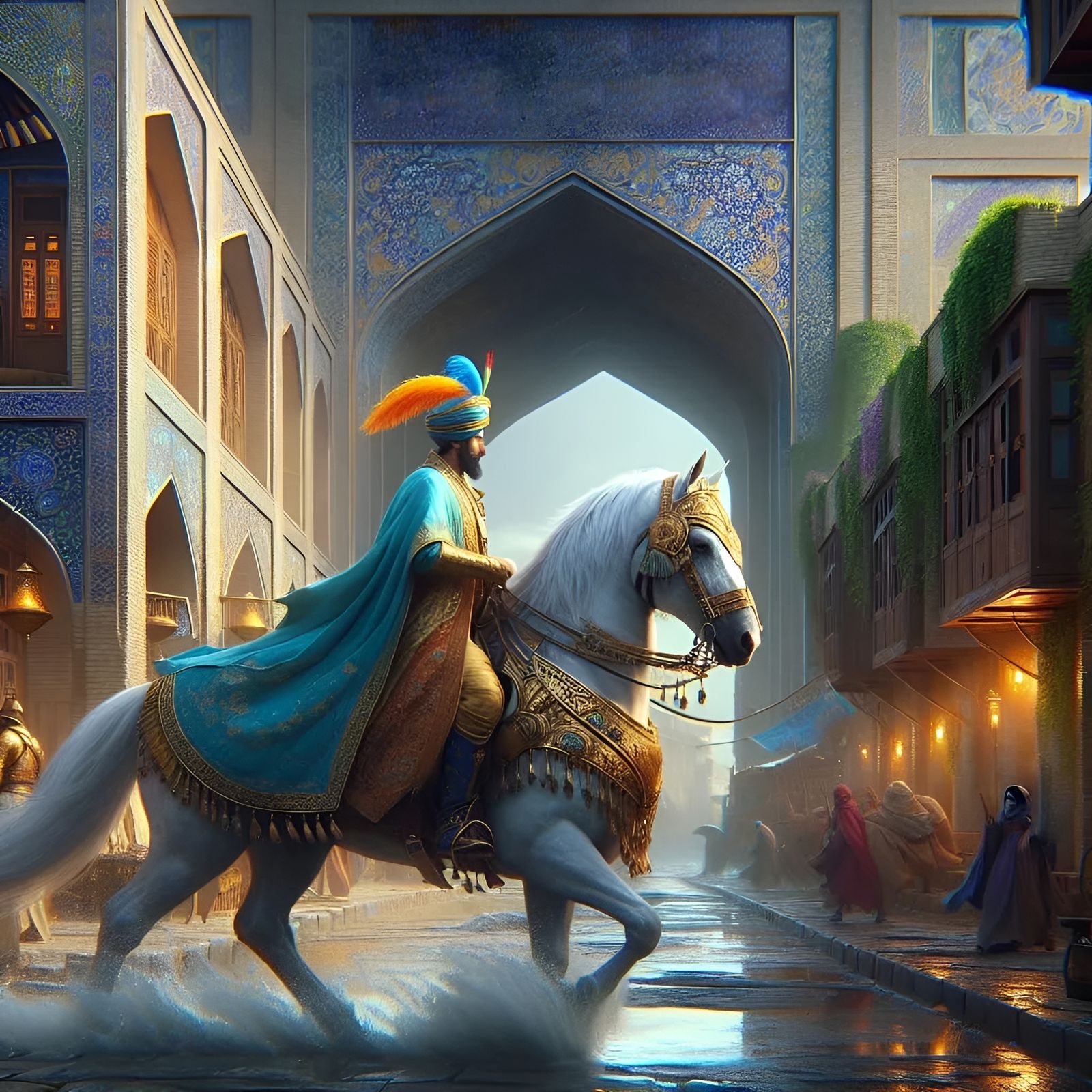 A king rides a horse in an old Persian street, wearing a roy...