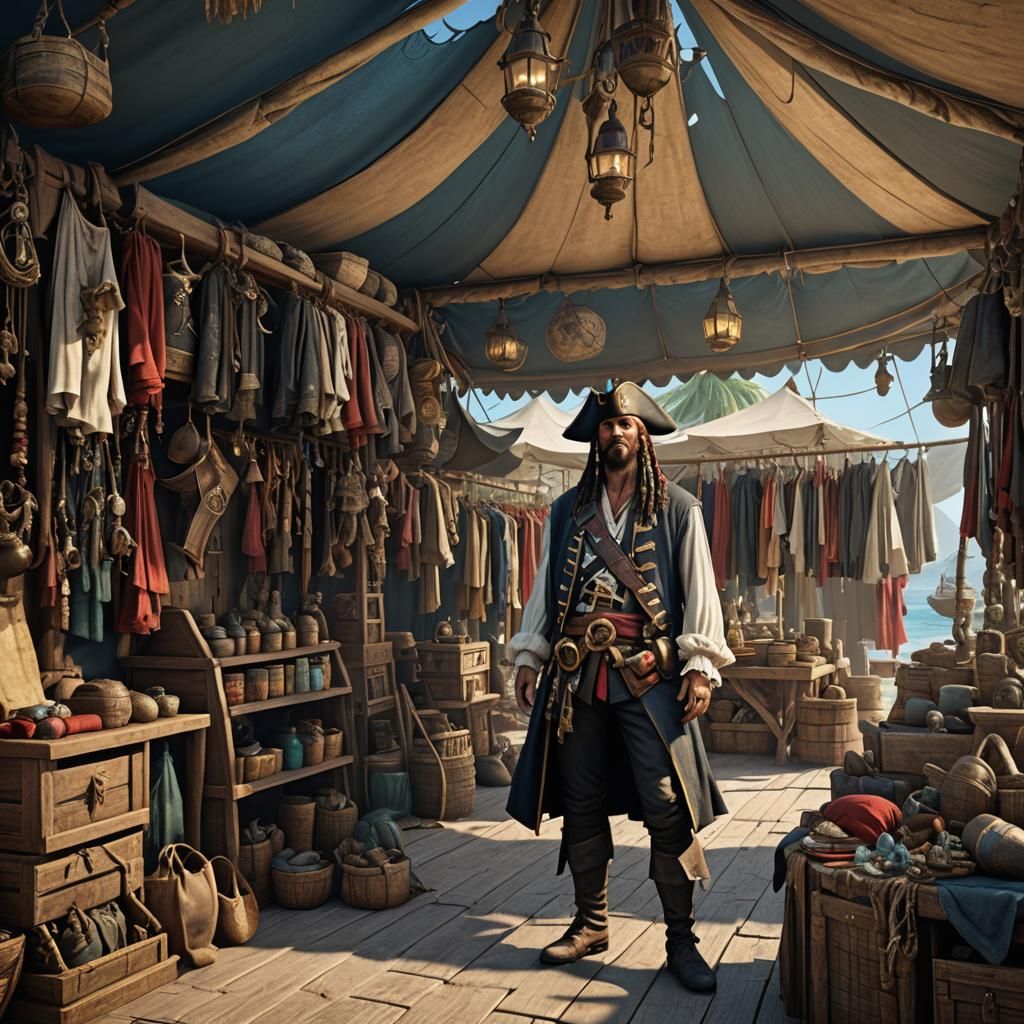 Pirate shopping at  a Seaside tent stall selling pirate  clo...