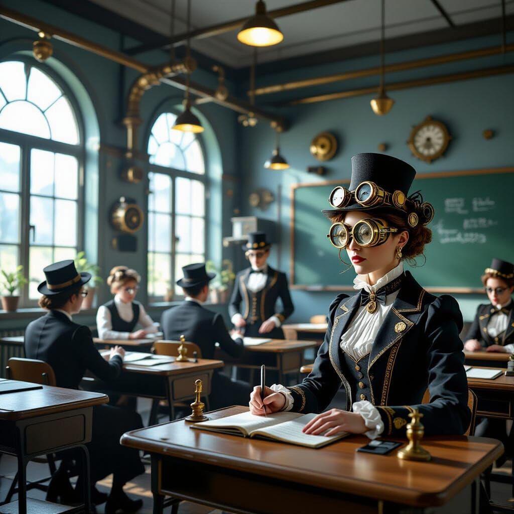  Interior of a high school classroom in a steampunk style, with students and a teacher engaged in a lesson. High quality, high resolution, d...