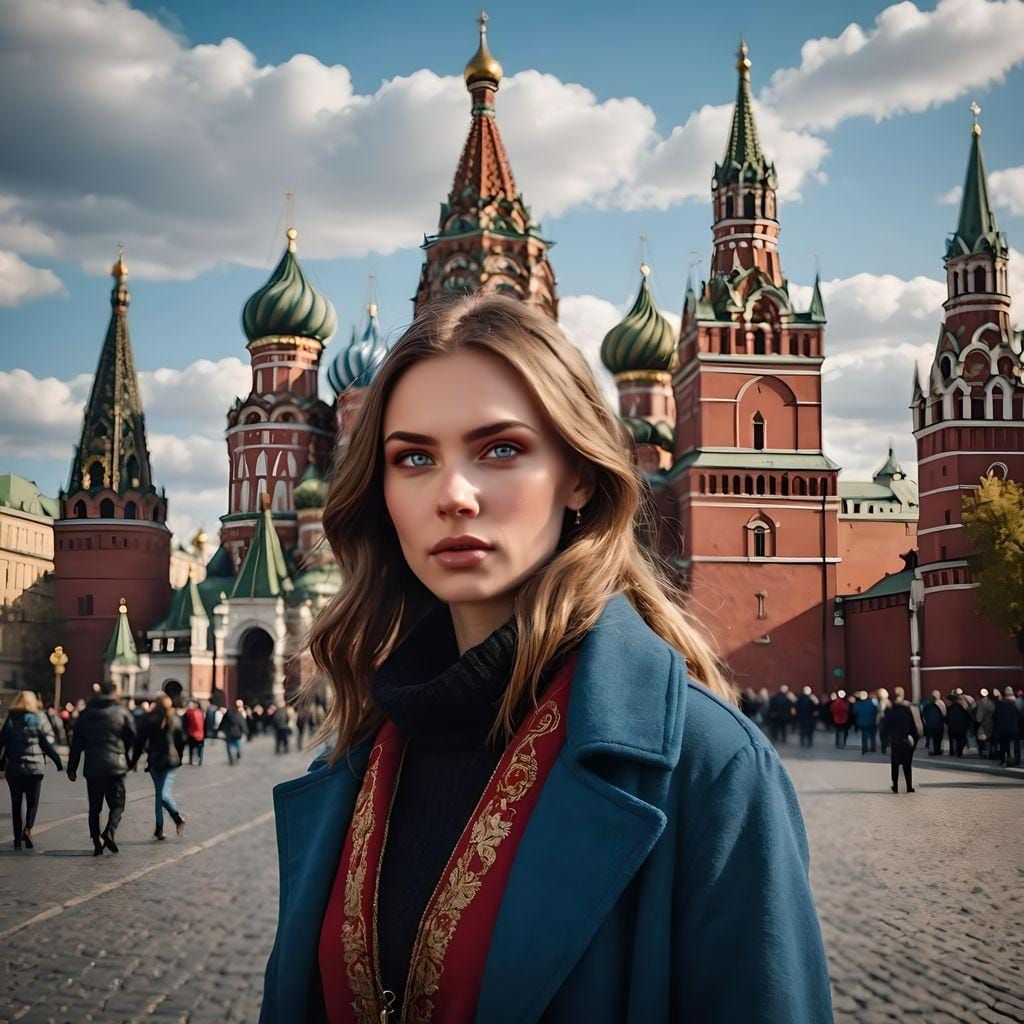 A beautiful Russian Slavic Lady in front of the futuristic Red Square in Moscow. 
