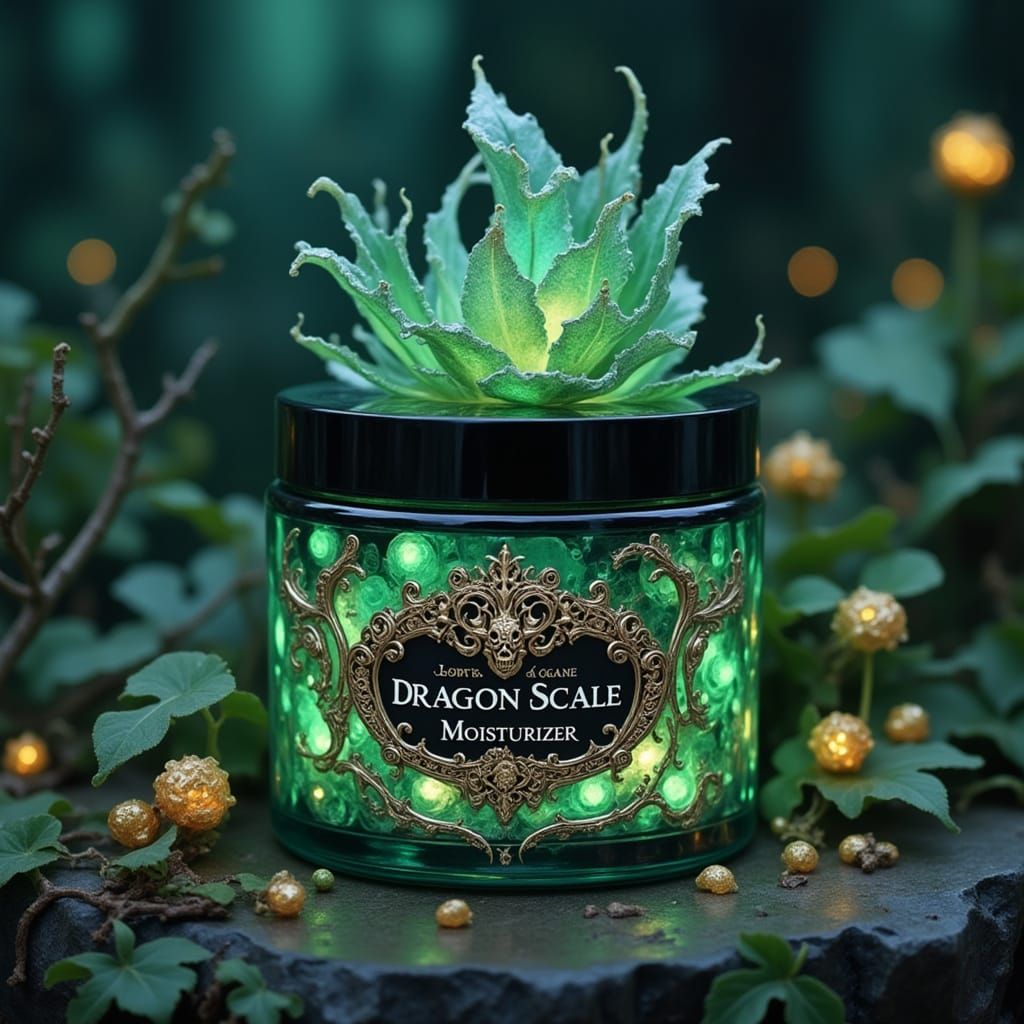 <lora:THE HOWLING:1.0> Surrealism. Close-up product shot. A jar of "Dragon Scale Moisturizer" promises ...  by @IMO