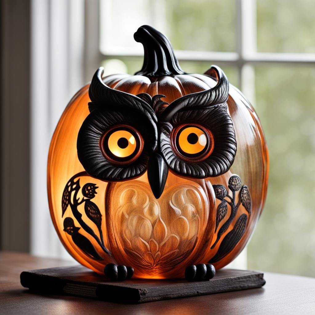glass pumpkin with spooky owls in it