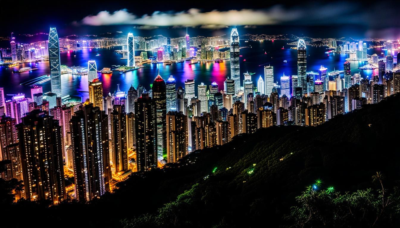 Night view of Hong Kong from The Peak, hyper details, intricate details ...