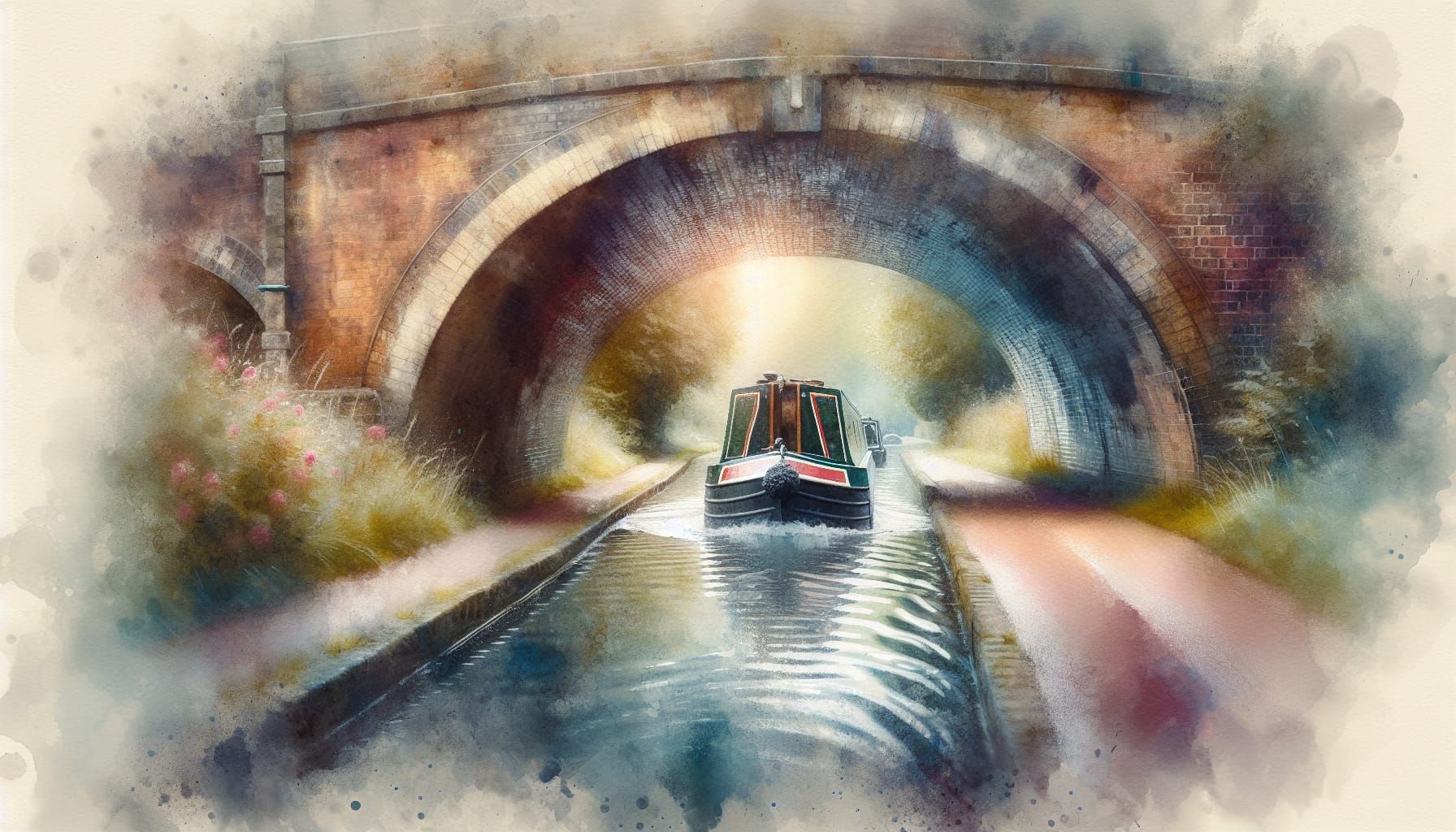 A close-up ethereal watercolour painting of a narrowboat going under an open country bridge on an English canal.