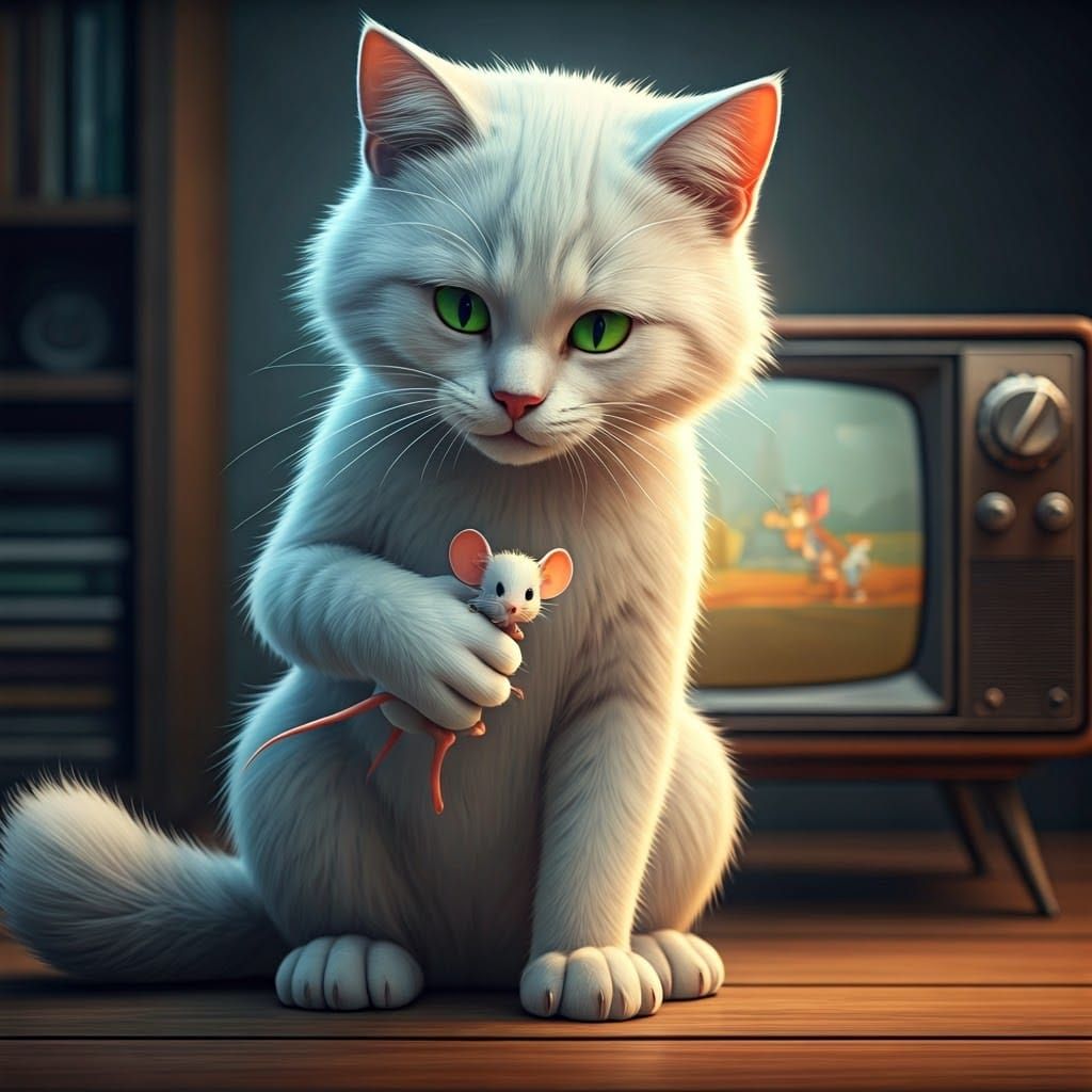 Epic White Cat Grasps Tiny Mouse in Classic Cartoon Backdrop