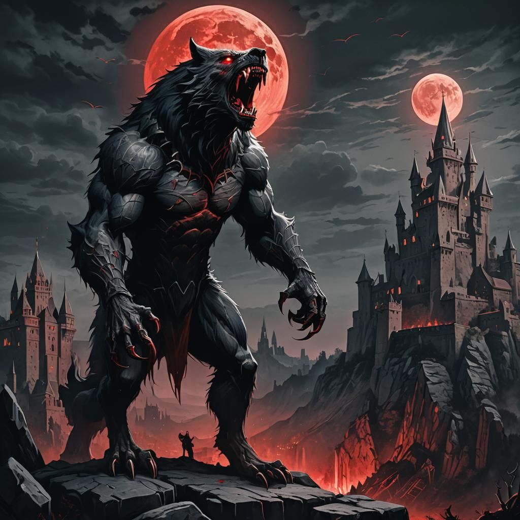 Werewolf Howling at Blood Moon in Dark Fantasy Style