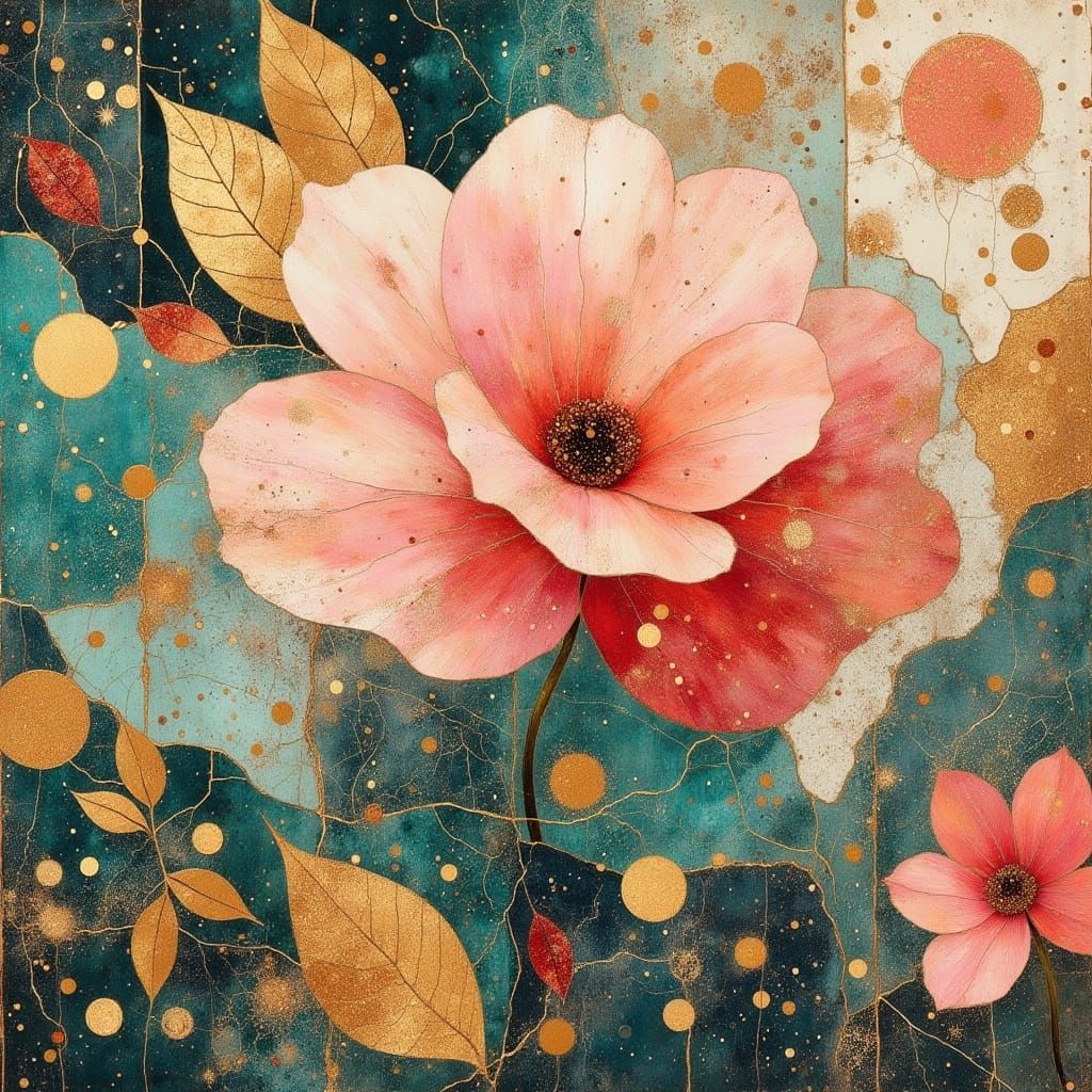 <lora:divineOil:1.0> <lora:Earth and teal:1.0> pop art style flower against an abstract art nouveau background, rose pink, teal  and metalli...