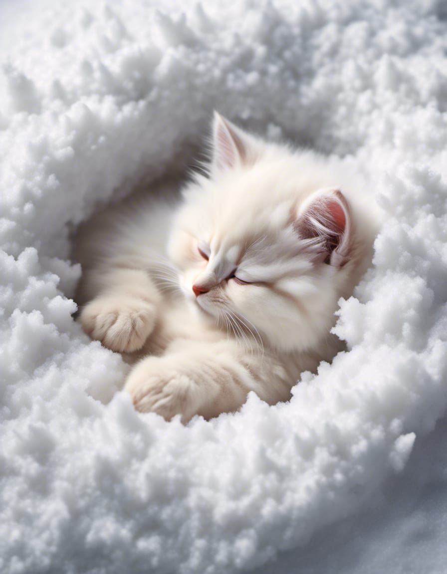 Photograph Portrait: "Cute Baby Fuzzy Kitten Sleeping in Fluffy White Snow":- <lora:BearZarreV2:1.0> 