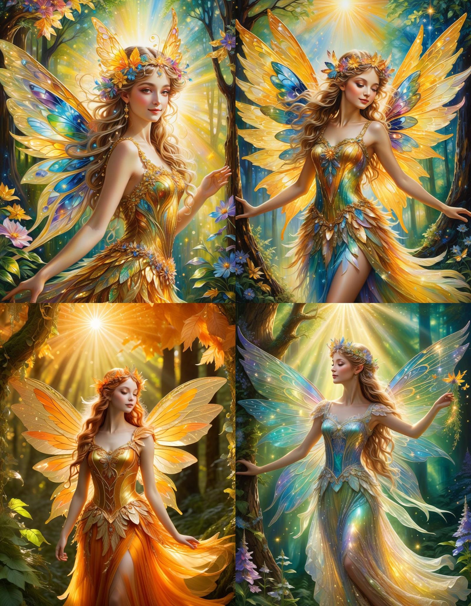A Beautiful woodland fairy with large ornate wings, dancing in radiant sunshine, the air filled with shimmering glitter....