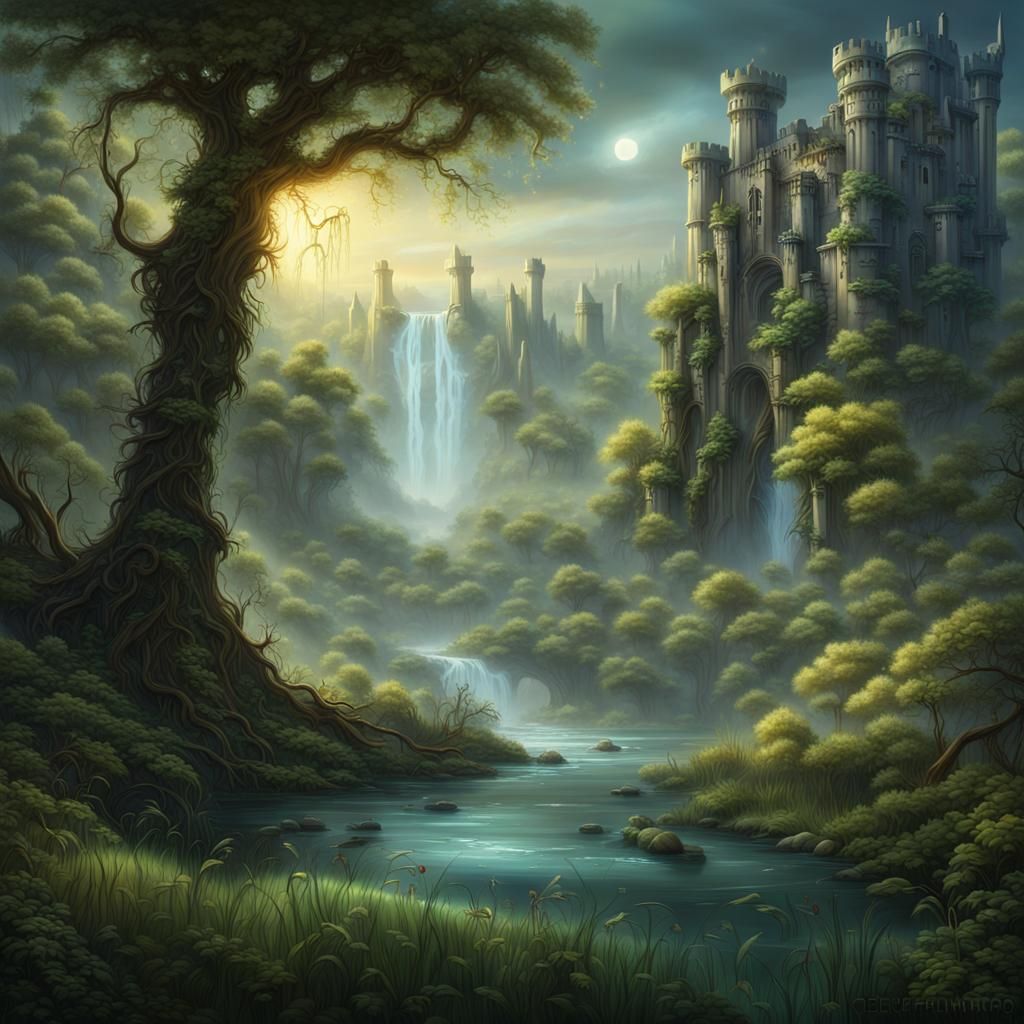 An enchanted forest landscape with mystical trees and magica...
