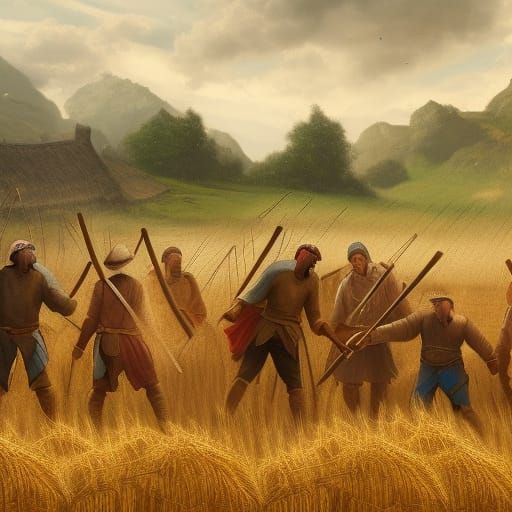 medieval farmers with pitchforks and farming tools stand firm against a