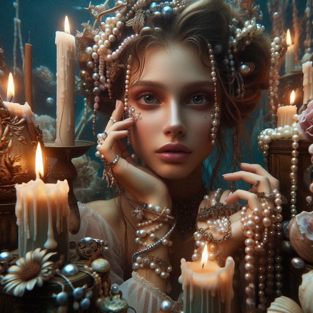 Fantasy-realism underwater portrait, feminine young woman with hair braided into vines and pearls, surrounded by floatin...