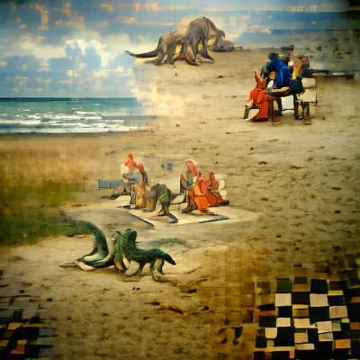 Dinosaurs that are playing chess at the beach renaissance pa...