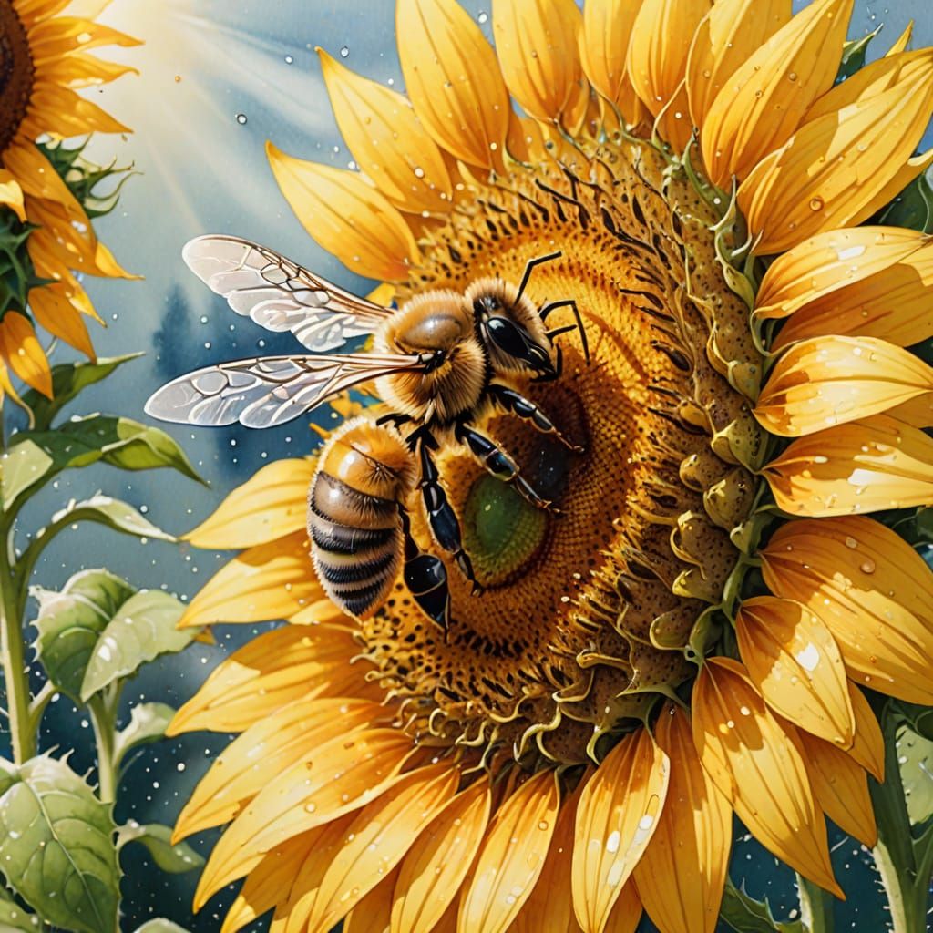 Honeybee on sunflower  by @Pylonkin