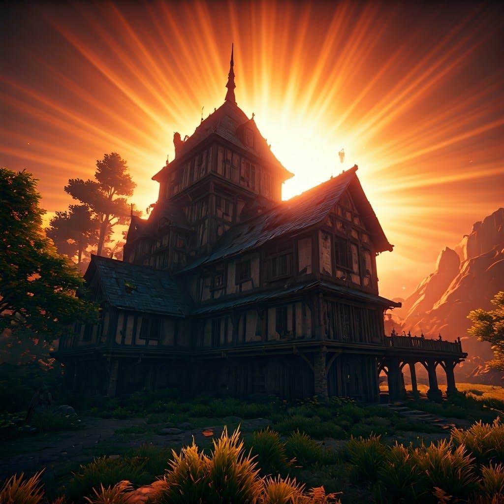 Majestic Fantasy House in Vibrant Sunlight with Intricate Te...