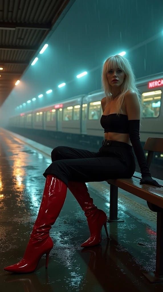 A high-fashion urban nightfall portrait of a glamorous plati...