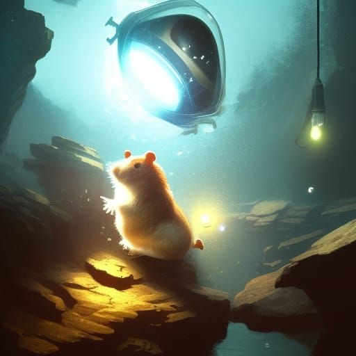 Hamster swims in aquarium. He wears space helmet.