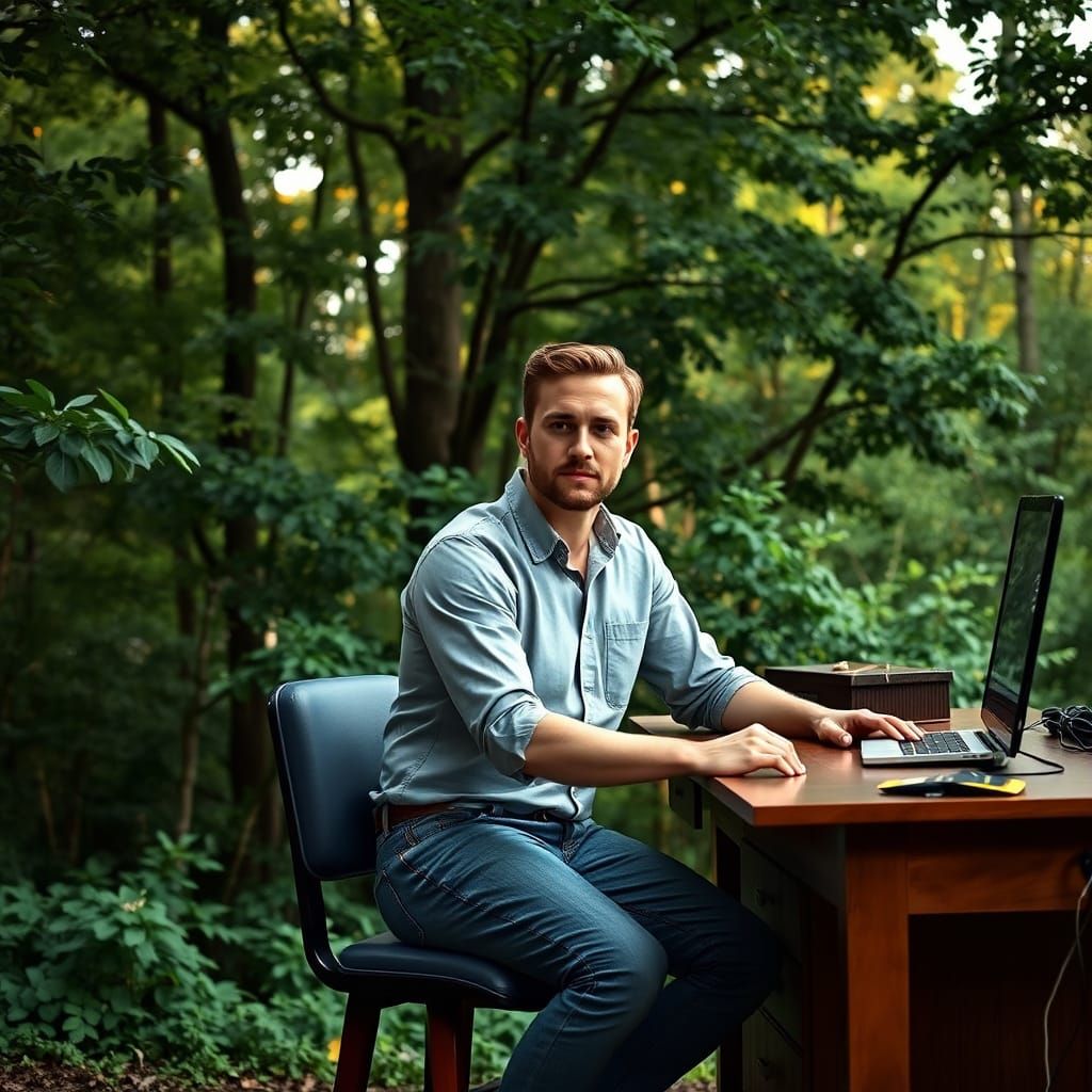 Mysterious Man Surrounded by Lush Forest in Warm Golden Ligh...
