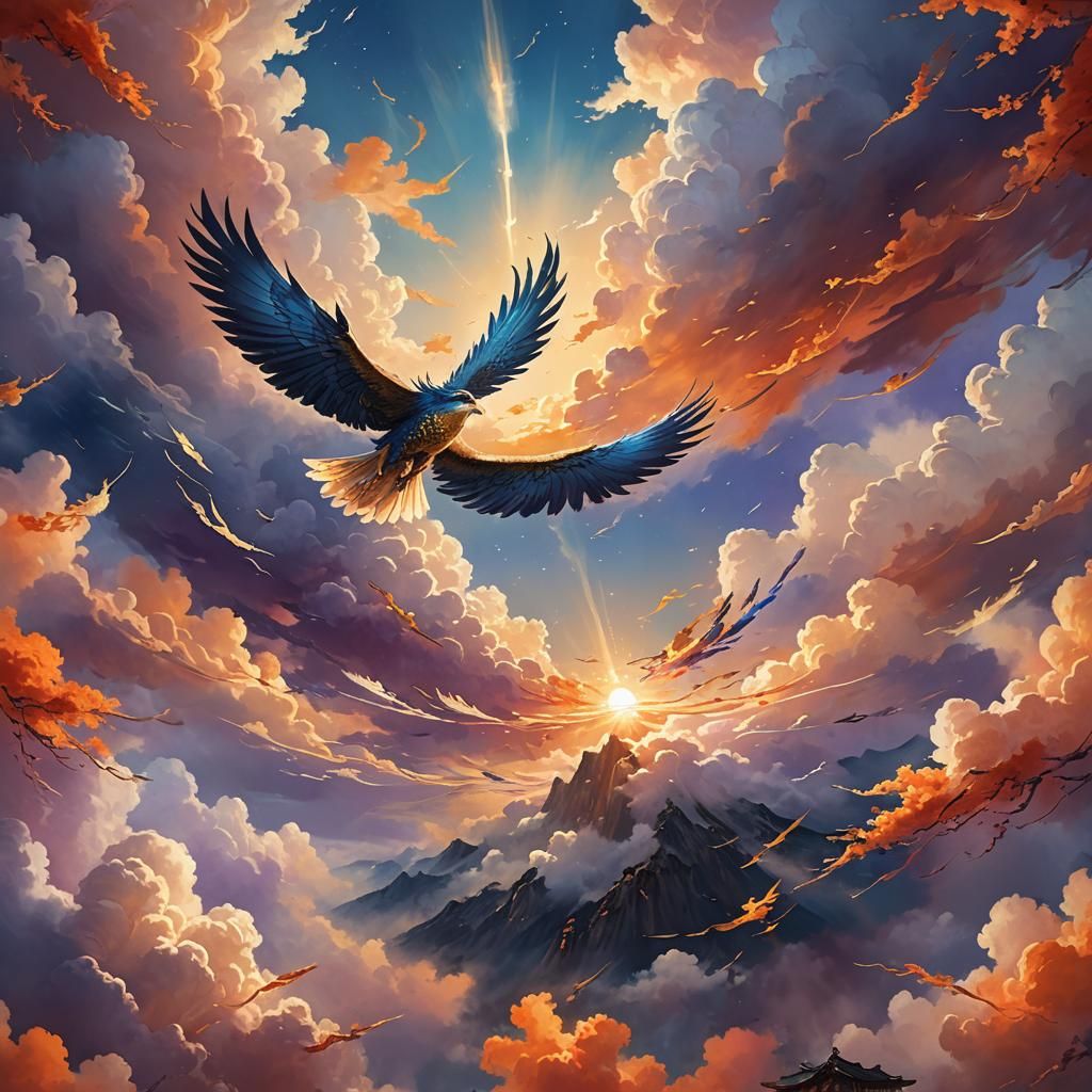 God Flies in Sky: Japanese Watercolor Art