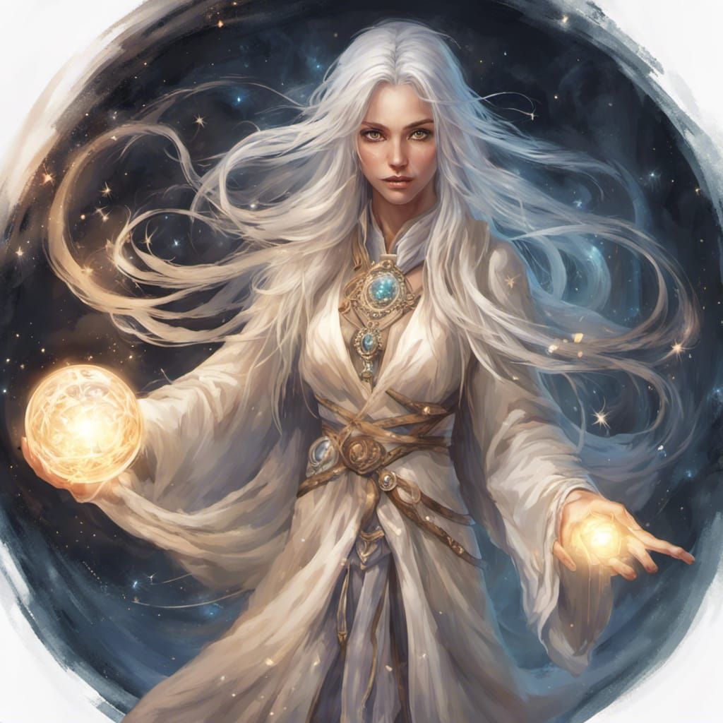 A sorceress with long, silvery hair adorned with crystals, clutching a ...