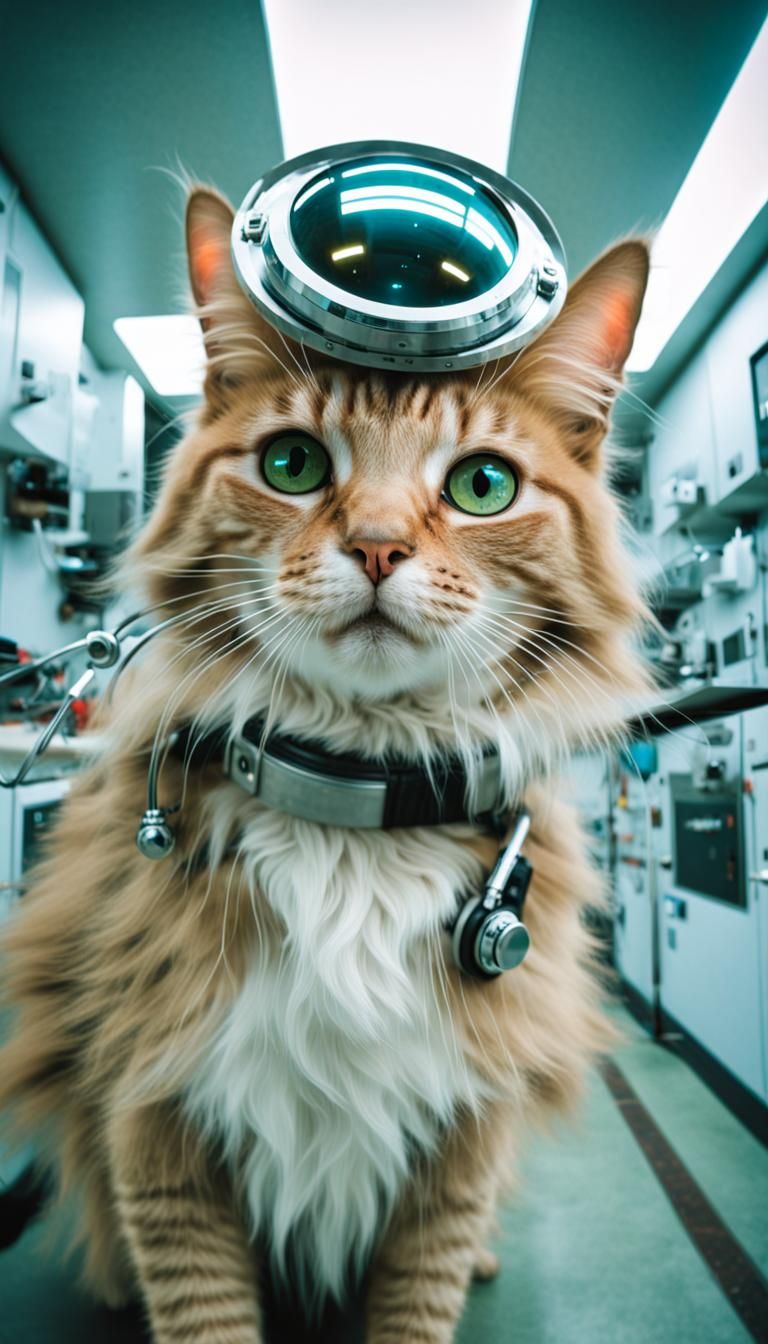 depth of field fisheye lens scifi solarpunk spacecore futuristic, cat