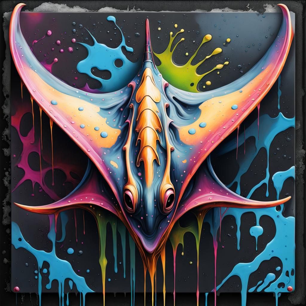 Alien manta ray, metal skin, graffiti art, splash art, stree...