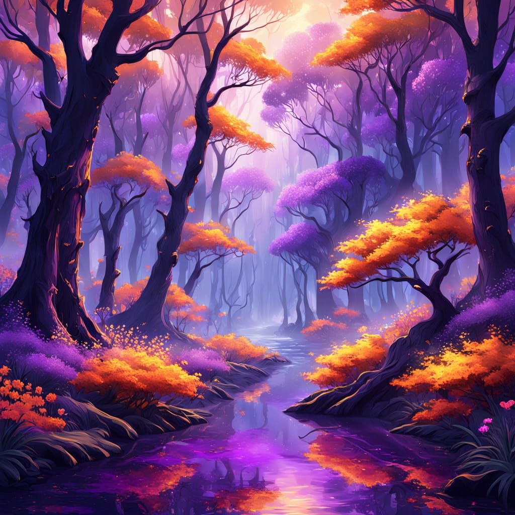 Purple and Orange Forest and Flowers  by @posyrosie