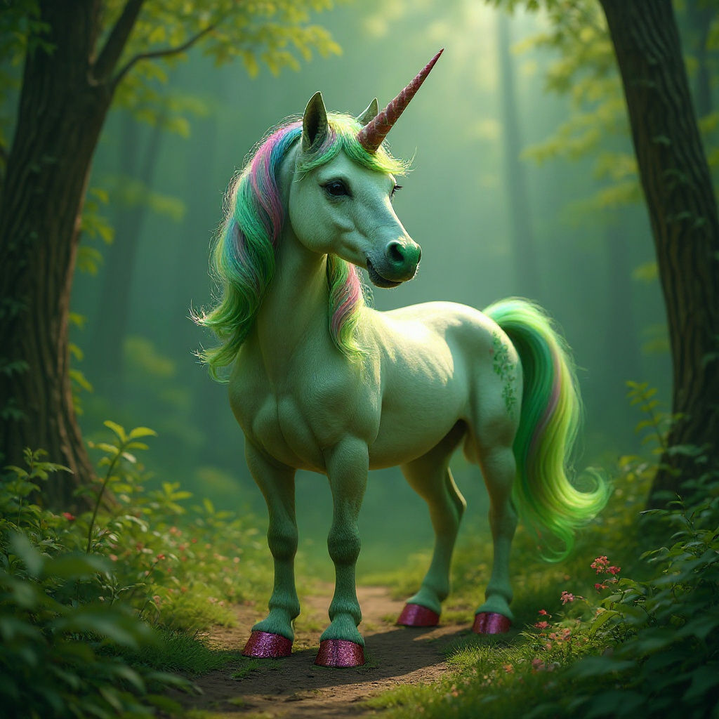 a hyperrealistic digital matte Image of a unicorn in a magical forest. It has a green body with rainbow mane and take, pink nose, pink glitt...