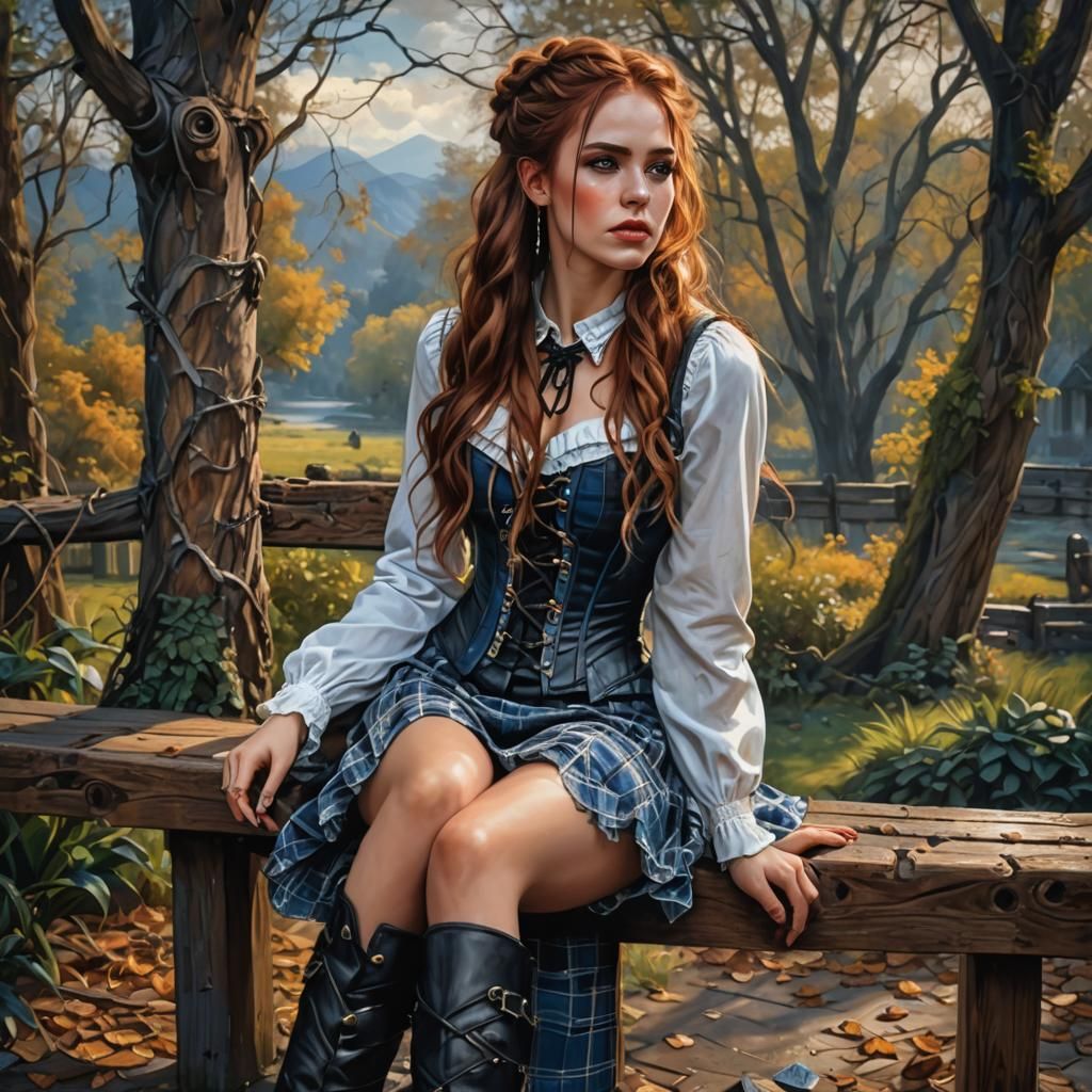 Stunning Woman on Bench: Vibrant Oil Painting